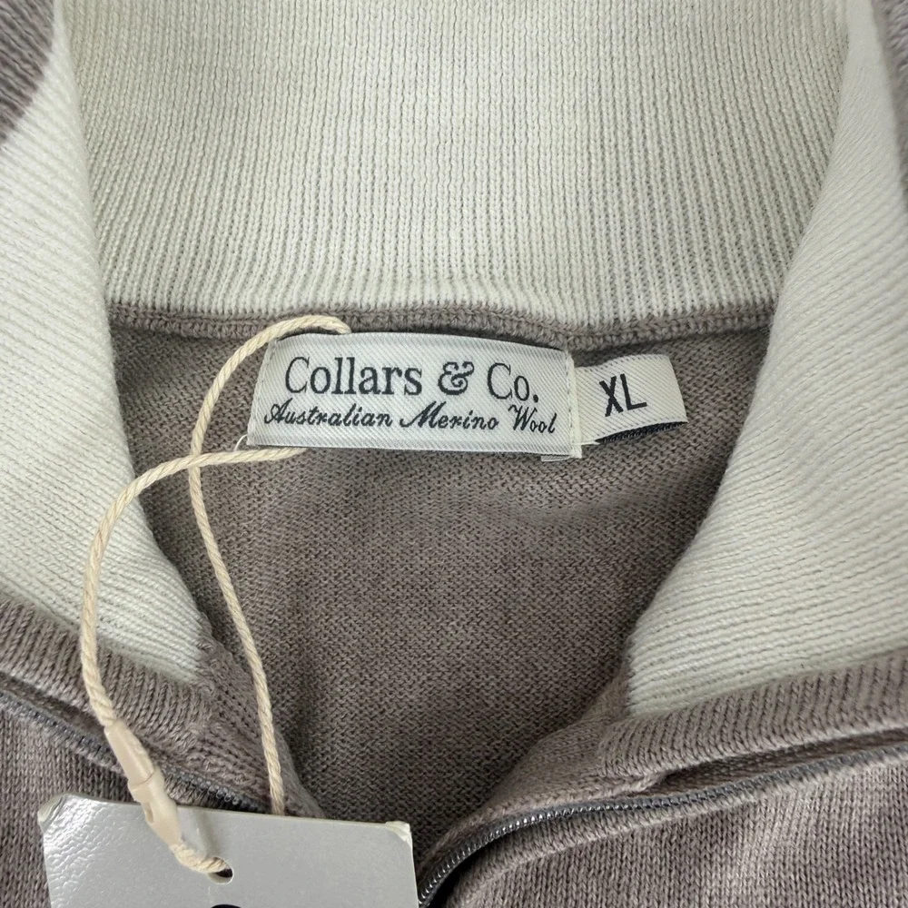 Collars & Co Mens Australian Merino Wool Quarter Zip Sweater Taupe XL NEW